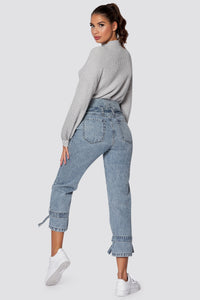 Mom-Jeans mit Bindegurt in hellblau