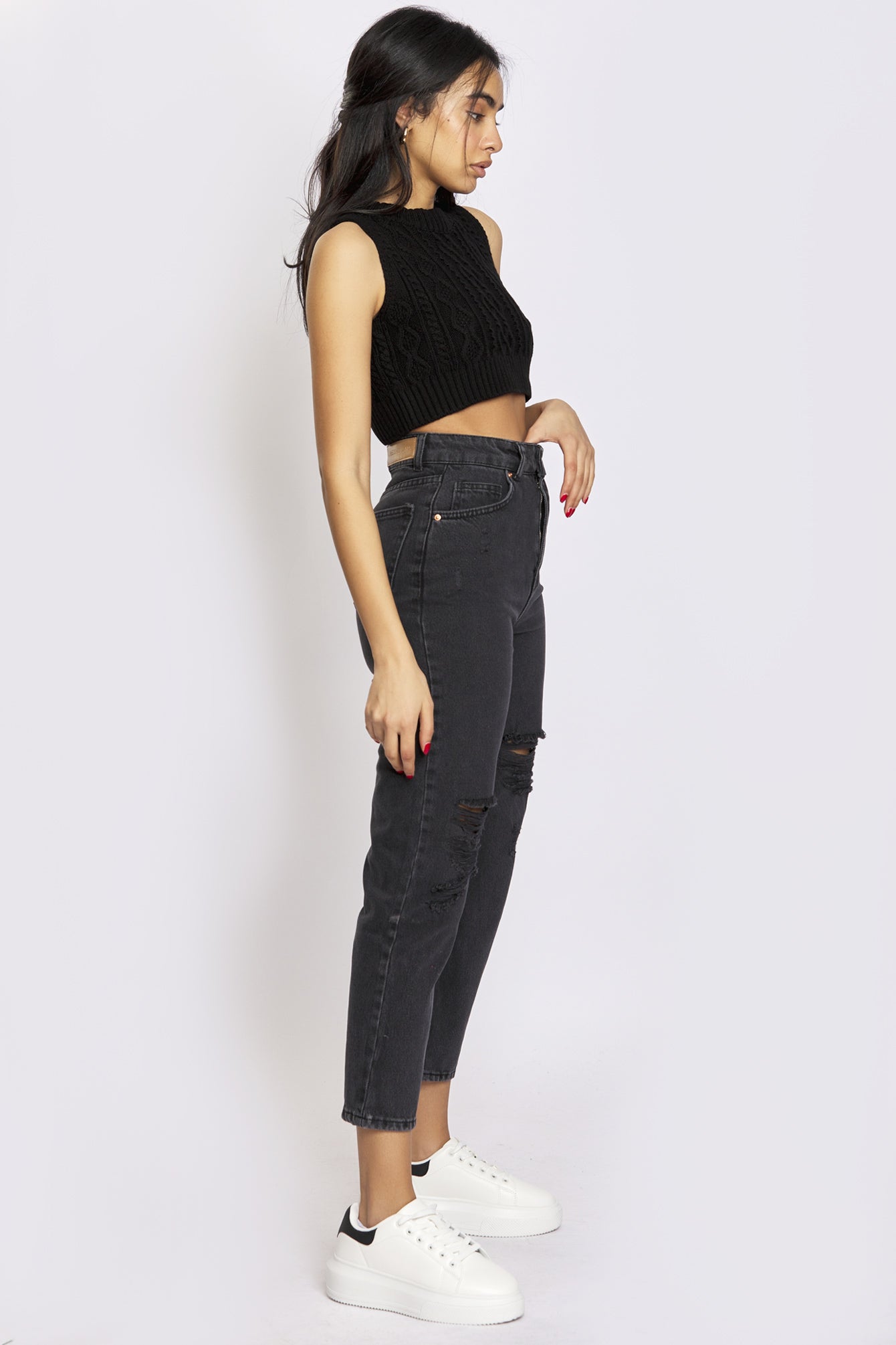 Freshlions Cropped Strick-Top mit Zopfmuster in schwarz 'NIL'