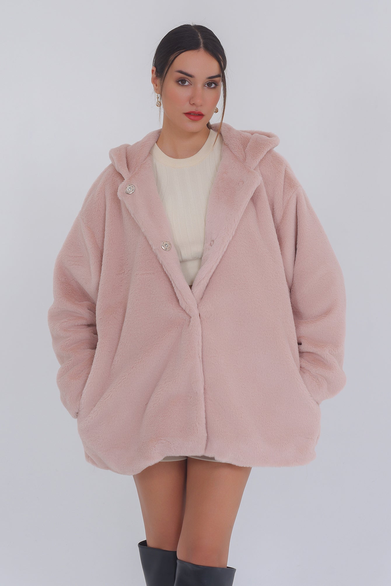 Freshlions Kuschelige Kunstfell-Jacke "Madita" mit Kapuze in rosa