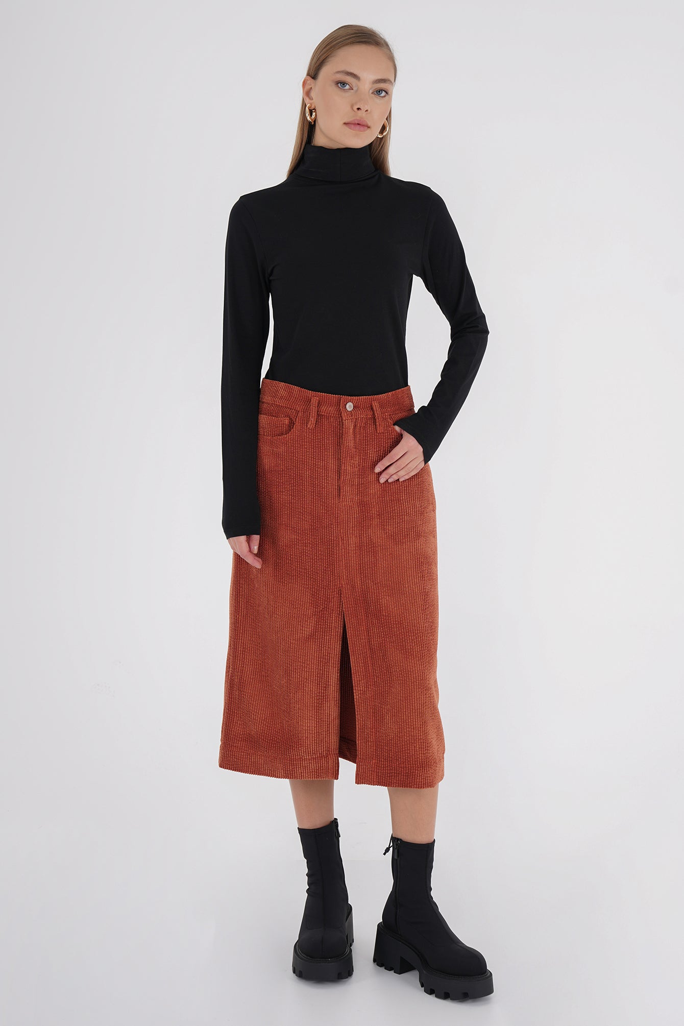 Freshlions Corduroy Slit Midi Skirt